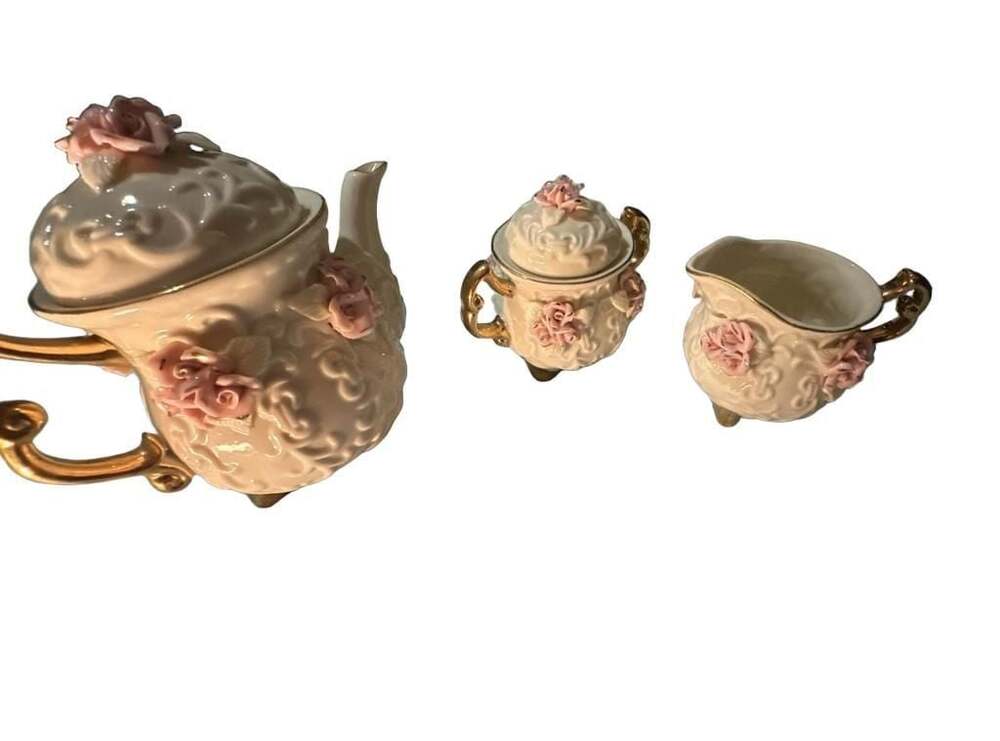 Vintage Cracker Barrel 3-Piece Porcelain Tea Set with Pink Roses and Gold Trim